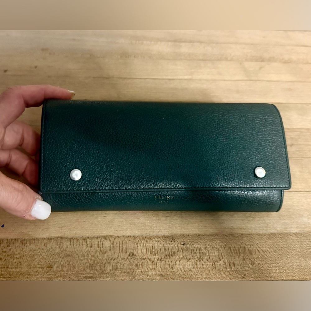 Céline Large Genuine Lambskin Leather Flap Multifunction Green Long Wallet